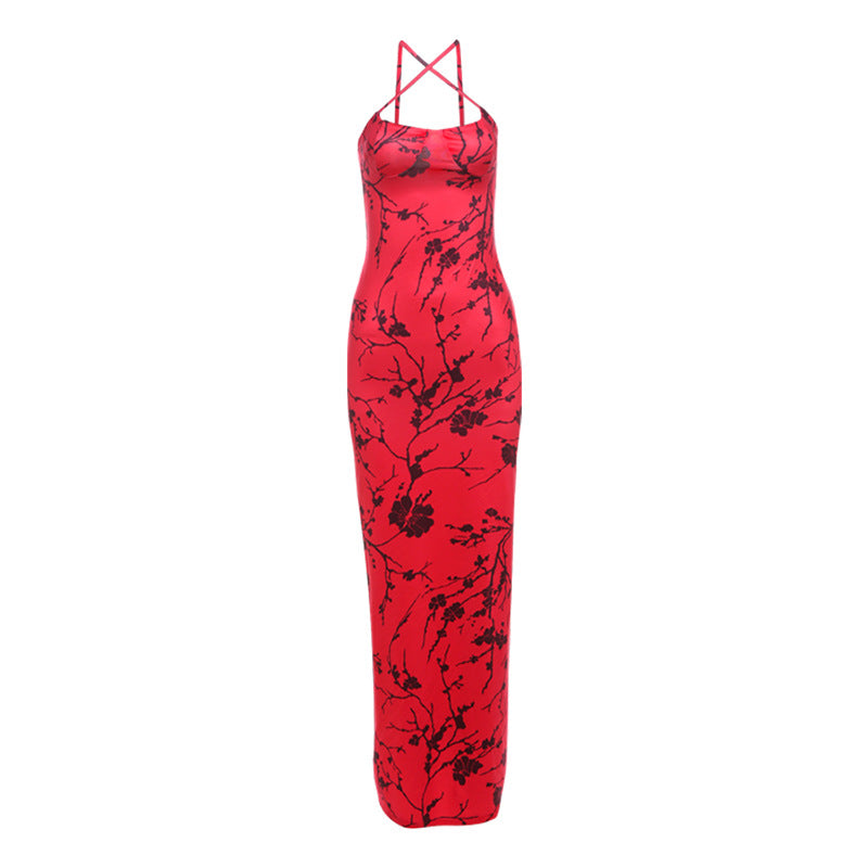 Retro Printed Maxi Dress Elegant Slim Strap Dress Women