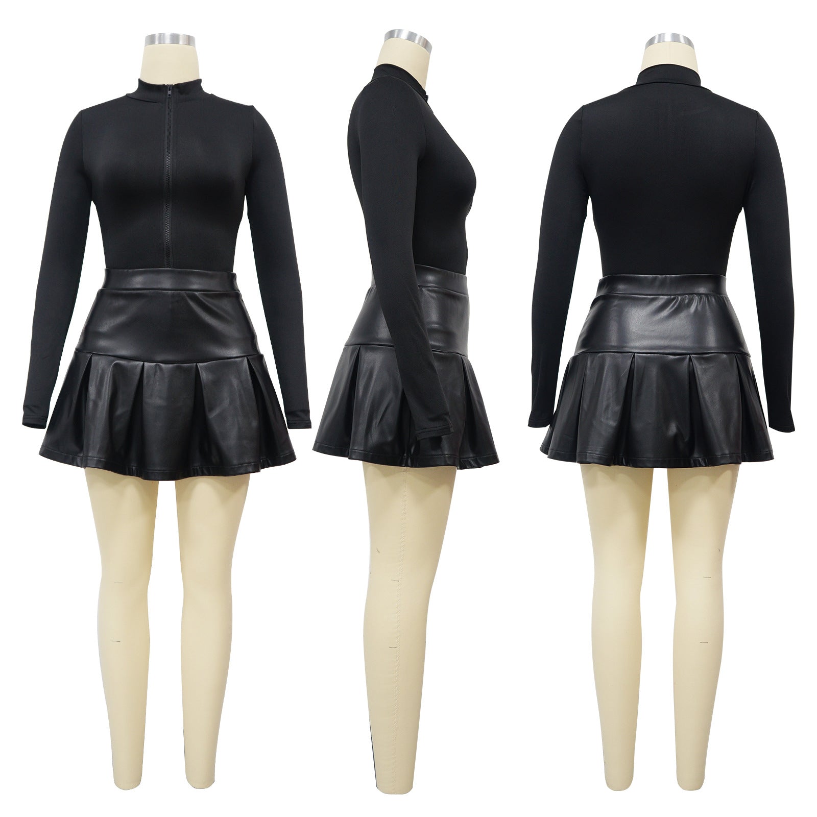 Women Wear Long Sleeve Jumpsuit Leather Skirt Autumn Winter Two Piece.