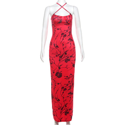 Retro Printed Maxi Dress Elegant Slim Strap Dress Women