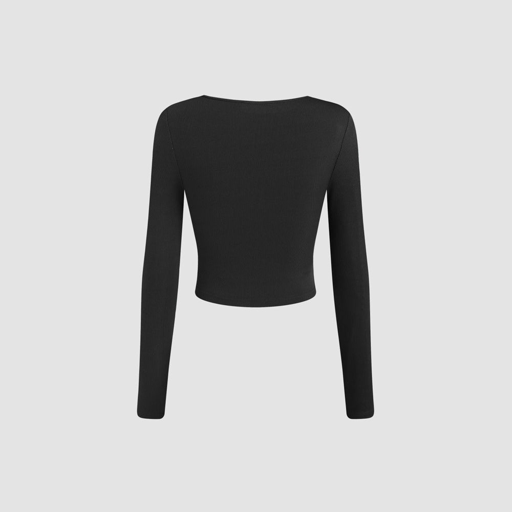  Women Square Collar Pleated Slim Fit Long Sleeved Knitted T shirt Top