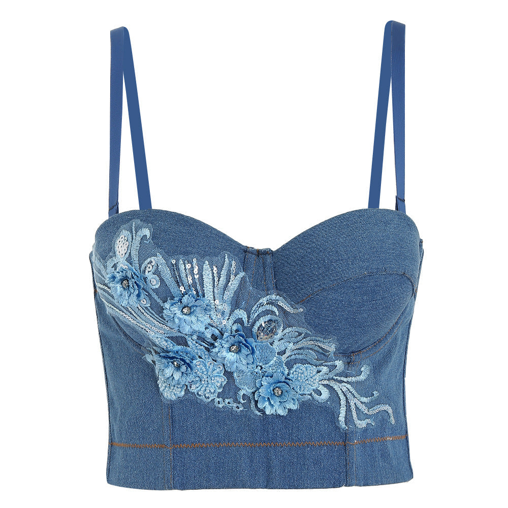 Corset Bra for Women East Floral Embroidered Elastic Denim Outer Wear.