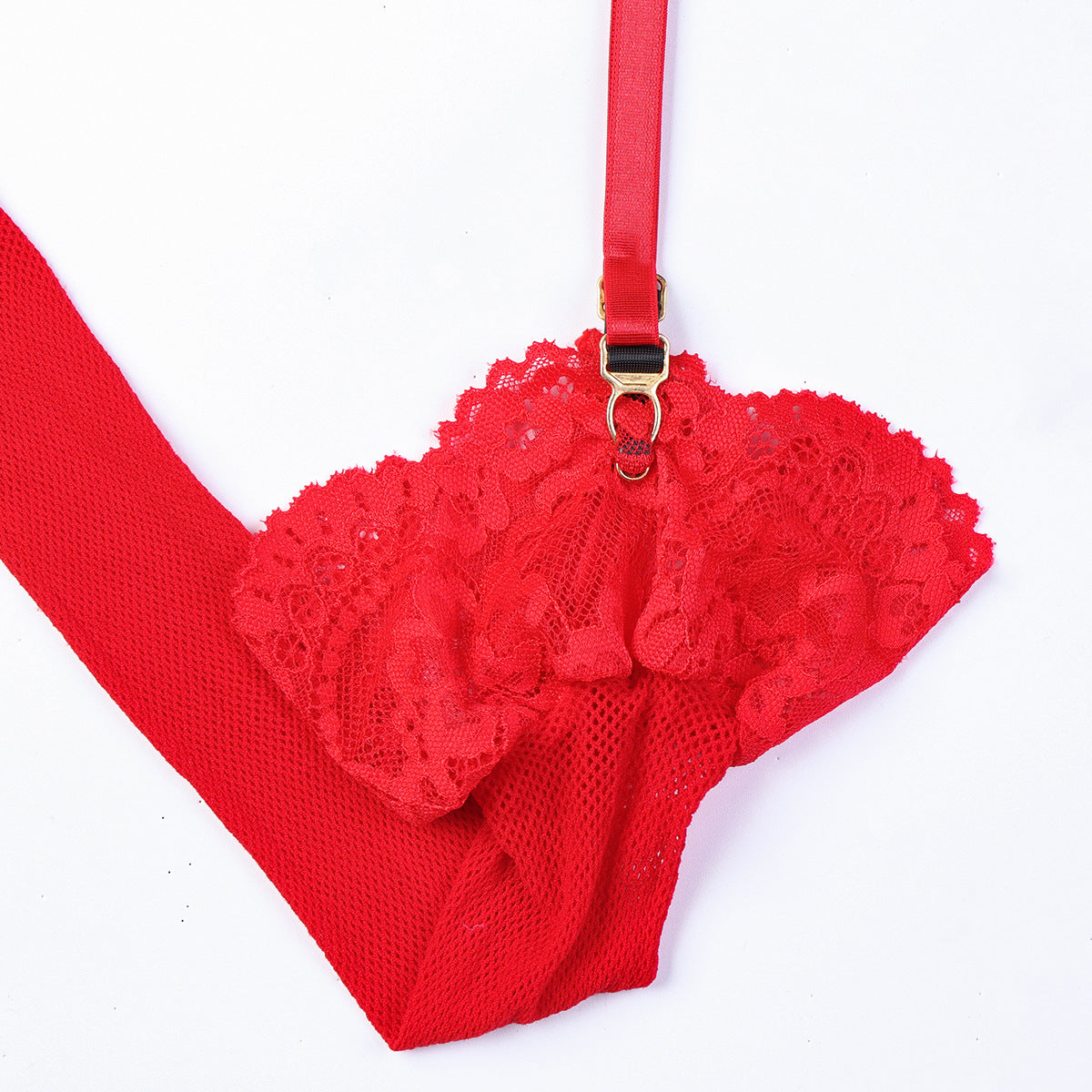 Red Lace Women Clothing Plunge Metal Chain Hollow Cutout Sexy Bustier.