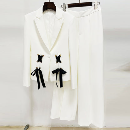 Early Spring Series Star Ribbon Tie Blazer Wide Leg Pants Set