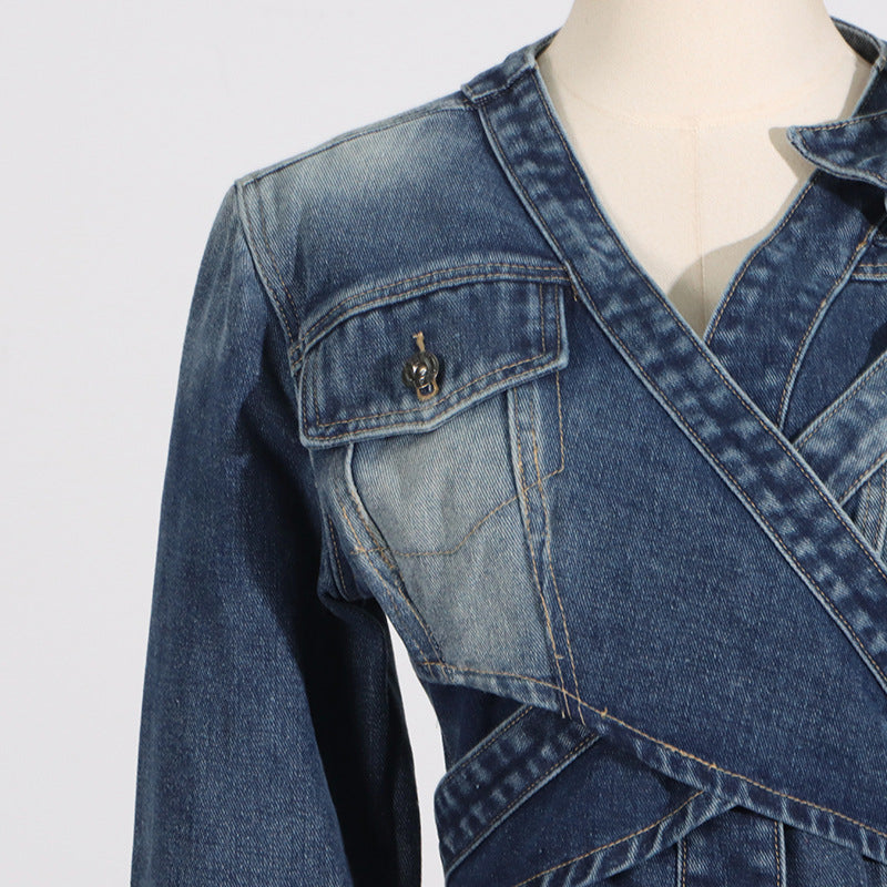 Summer Niche Special V neck Cross Asymmetric Lace up  Short Denim Coat