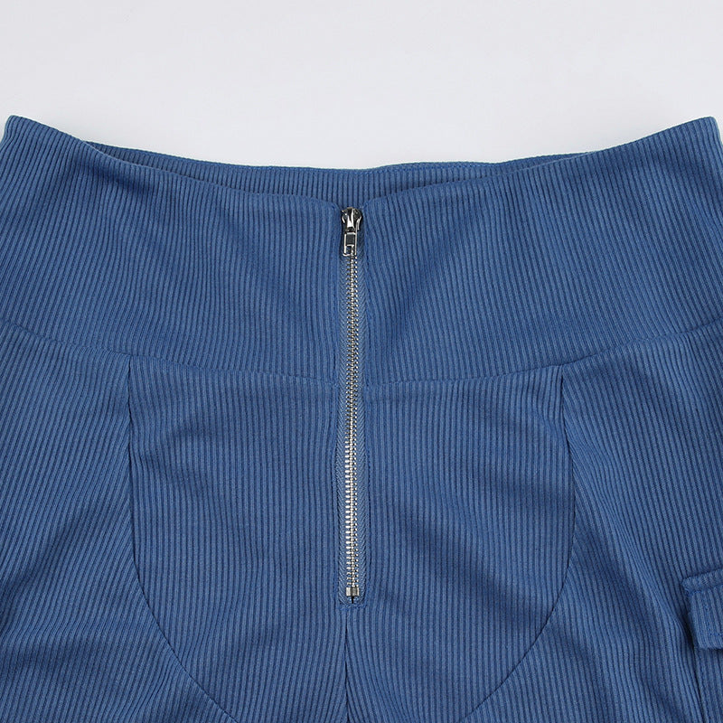 Cycling Short Tooling Pocket Stitching High Waist Zipper Rib Pants