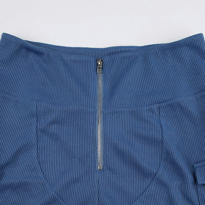 Cycling Short Tooling Pocket Stitching High Waist Zipper Rib Pants