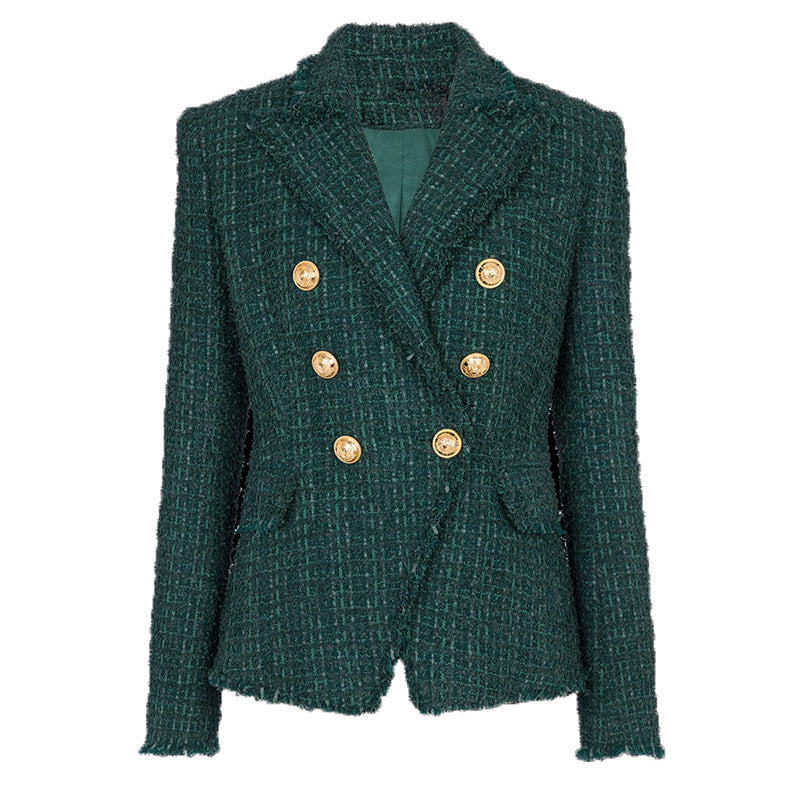 Goods Autumn Winter High End Fabric Tassel Fringe Tweed Slim Fit Blazer Dark Green