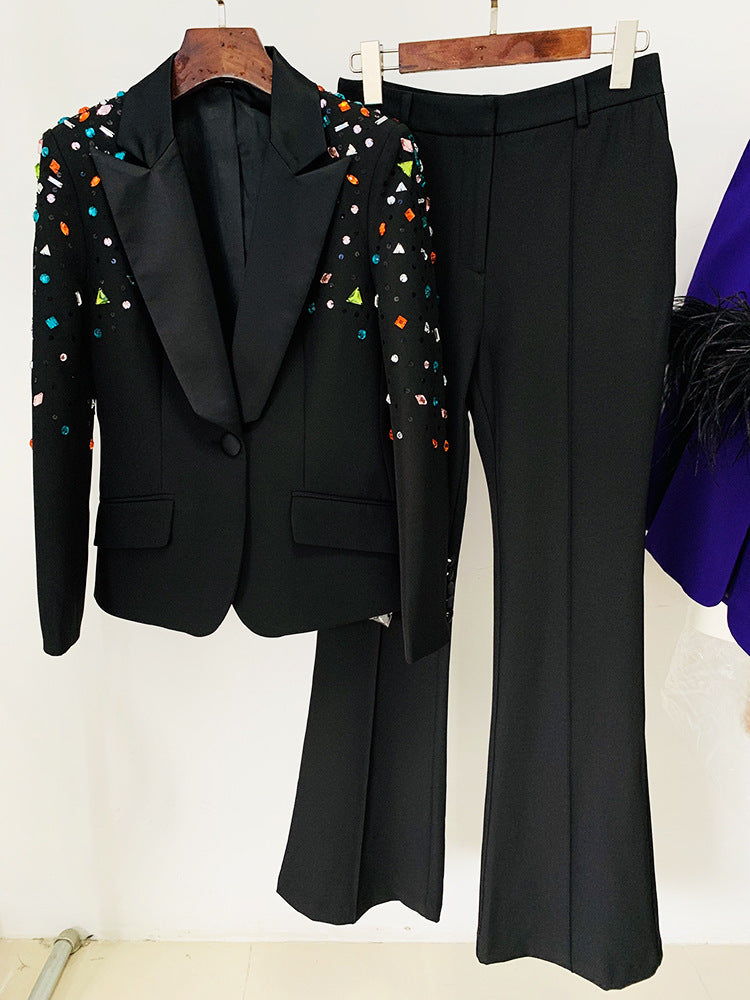 Goods Heavy Industry Beaded Colored Diamond Slim Fit Blazer Skinny Pants Suit