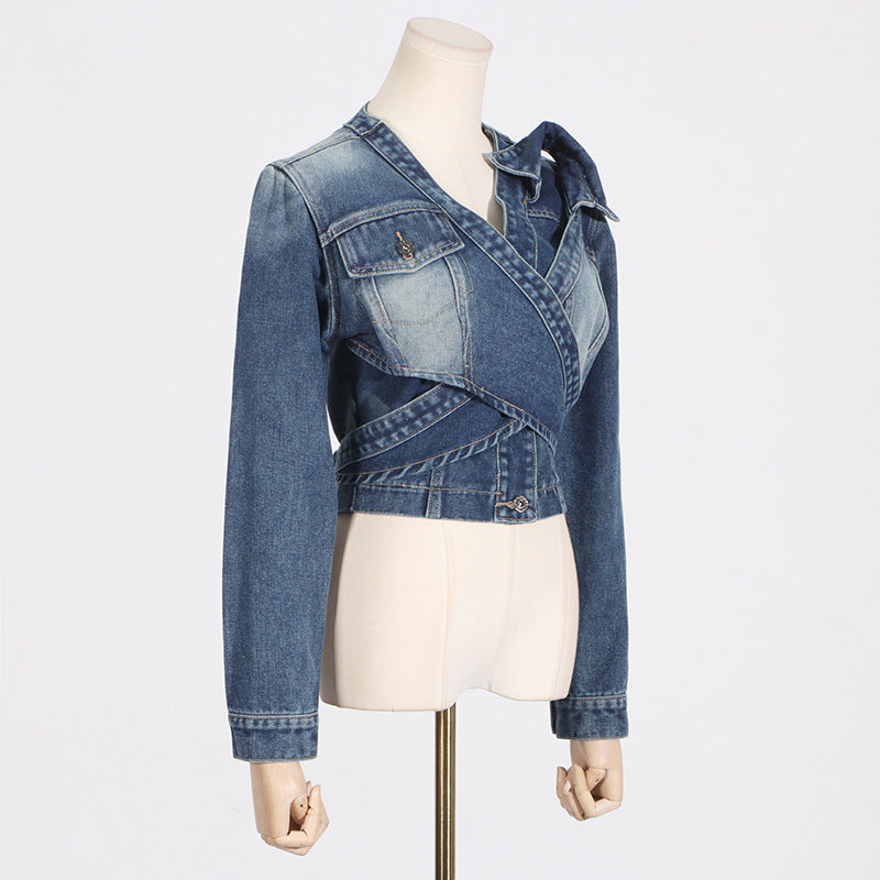 Summer Niche Special V neck Cross Asymmetric Lace up  Short Denim Coat