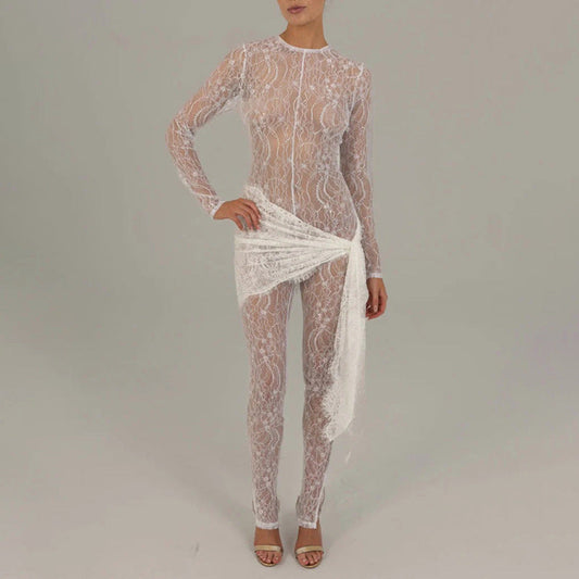 Lace Fall Sexy Hollow Out Cutout Sheer Long Sleeve Slim Fit Patchwork.