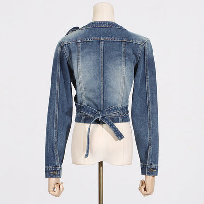 Summer Niche Special V neck Cross Asymmetric Lace up  Short Denim Coat