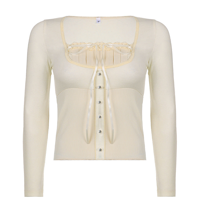 Square Neck T shirt Winter Women Clothing Solid Color Lace Retro top. 