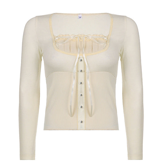 Square Neck T shirt Winter Women Clothing Solid Color Lace Retro top. 