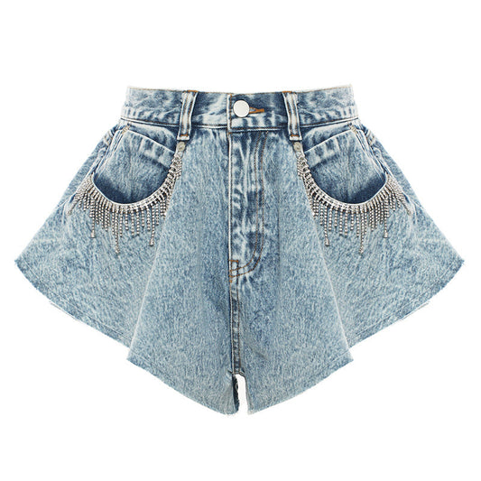 Denim Shorts Ruffled Hem Large Wide Leg Denim Shorts Pants Faux