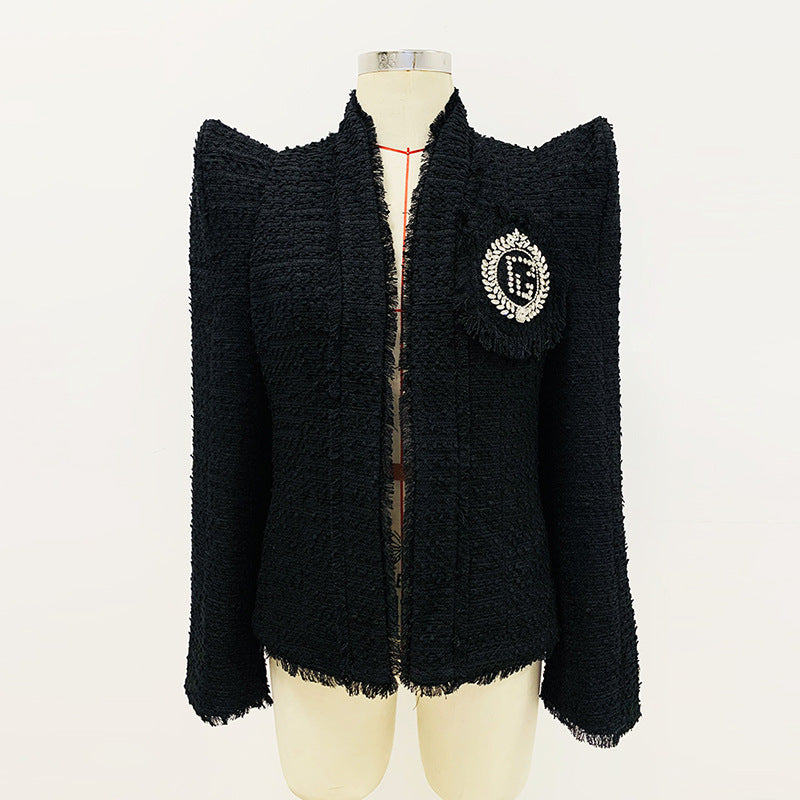 Autumn Winter Cool Shrug Beaded Logo Fringe Tweed Jacket Coat