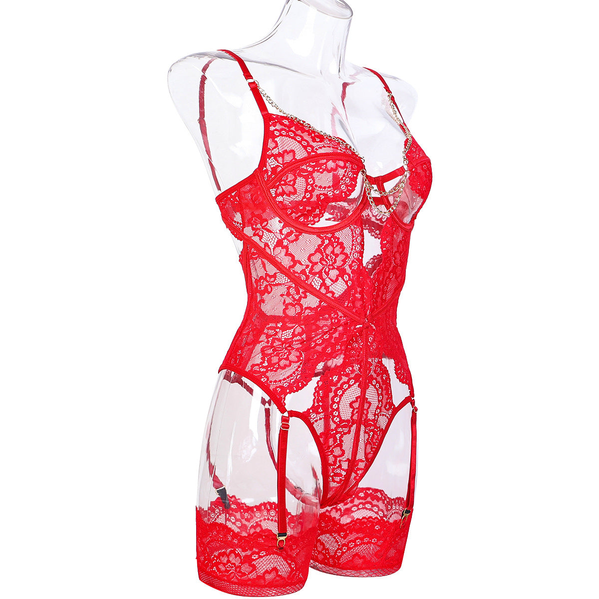 Red Lace Women Clothing Plunge Metal Chain Hollow Cutout Sexy Bustier.