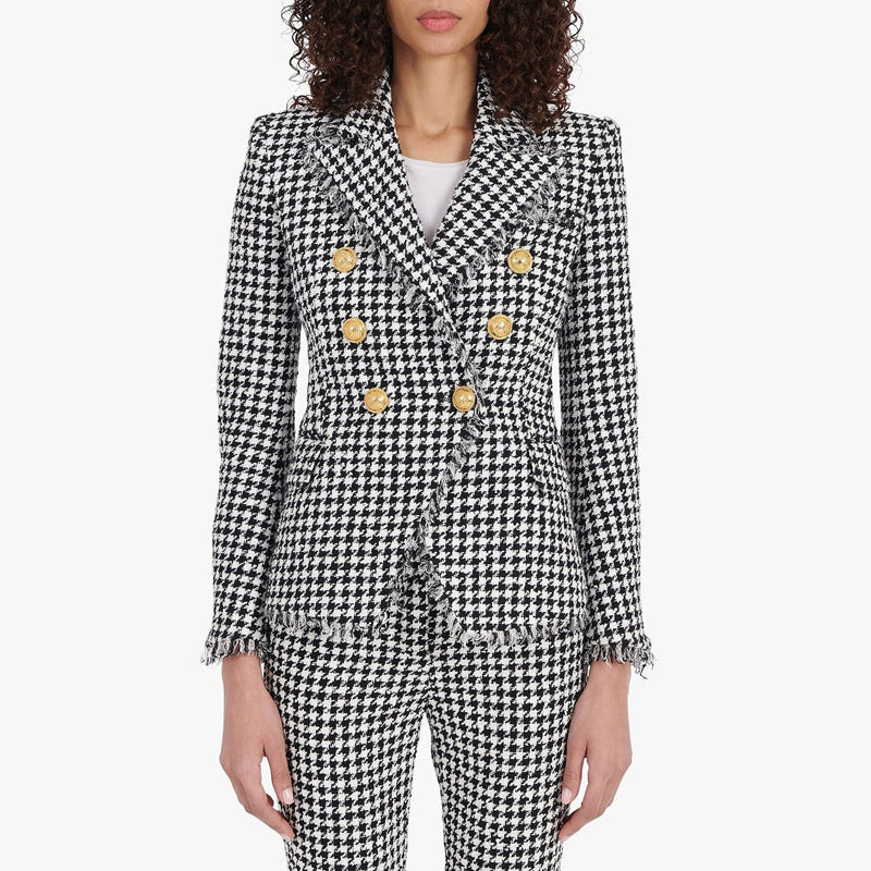 Spring Autumn Classic Houndstooth Tweed Tassel Women Business Blazer Suit Set Woolen Jacket