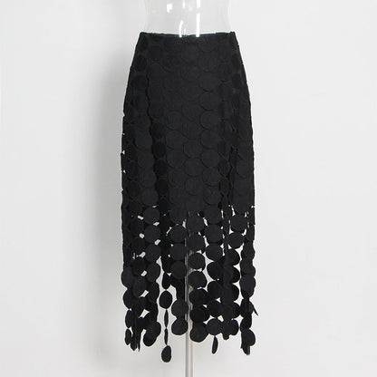 high waist skirt Hollow-out Autumn Tassel Irregular Asymmetric Skirt