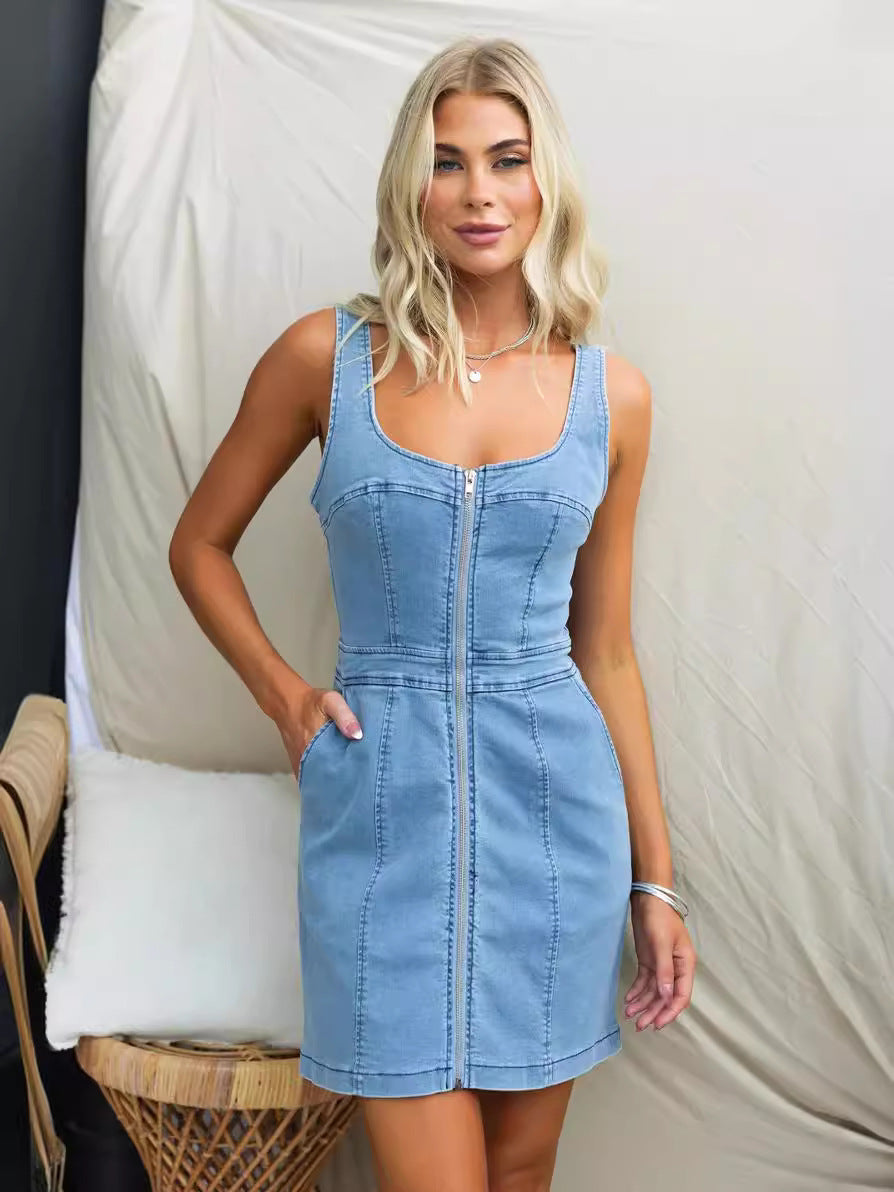 Spring Summer Casual Slim Denim Sleeveless Dress Women Clothing