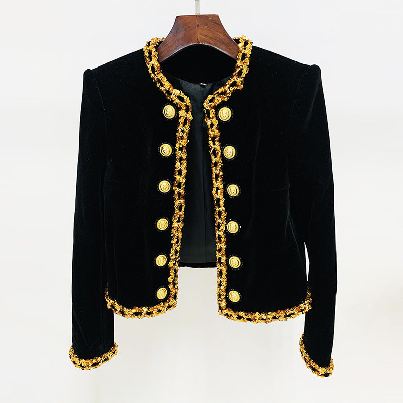 Heavy Industry Beads Sequined Chain Velvet Short Jacket Cardigan Coat