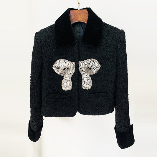 Autumn Winter Star Bowknot Beaded Classic Short Woolen Jacket Coat