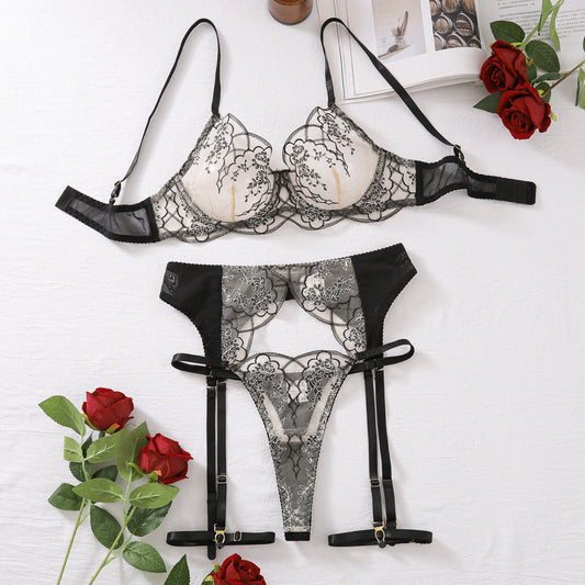 Sexy lace lingerie Summer Steel Ring Push up Bra Mesh Four Piece Set