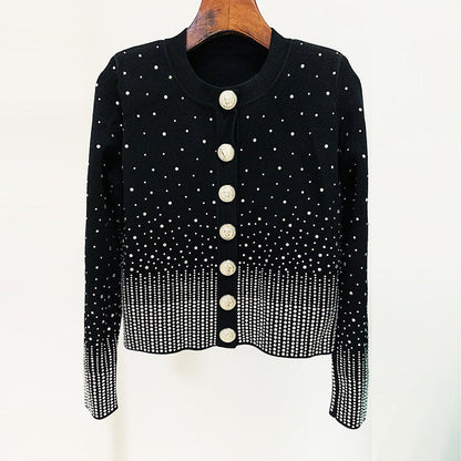 Autumn Winter Star Lion Button Heavy Industry Gradient Rhinestone Knitted Cardigan Coat