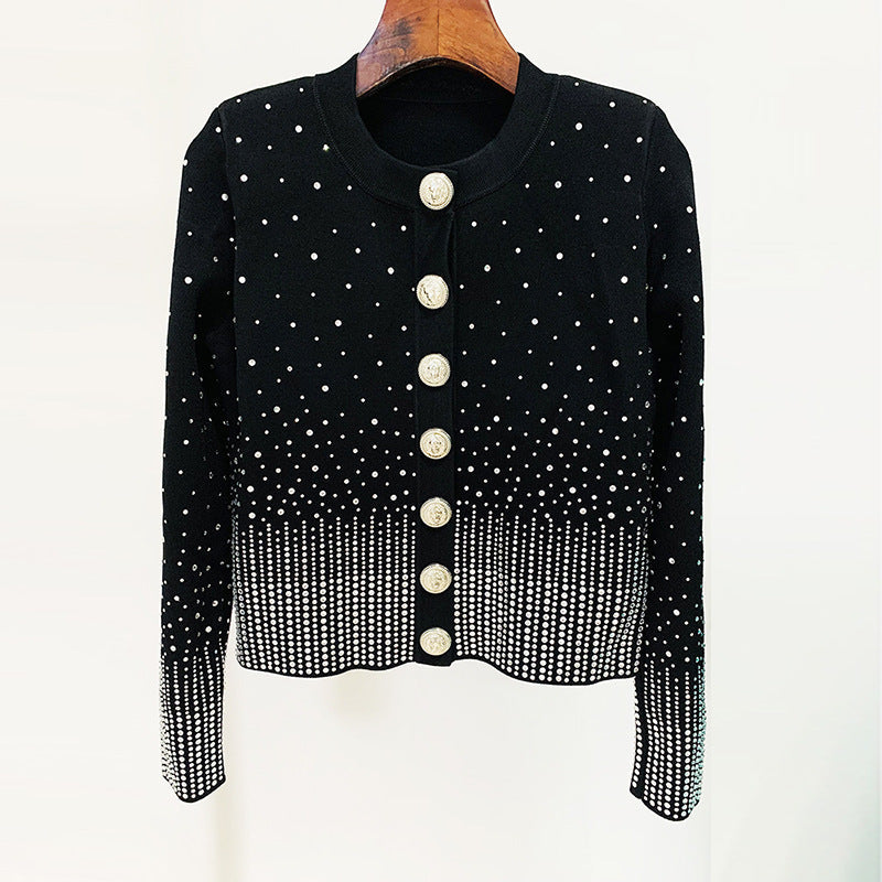 Autumn Winter Star Lion Button Heavy Industry Gradient Rhinestone Knitted Cardigan Coat