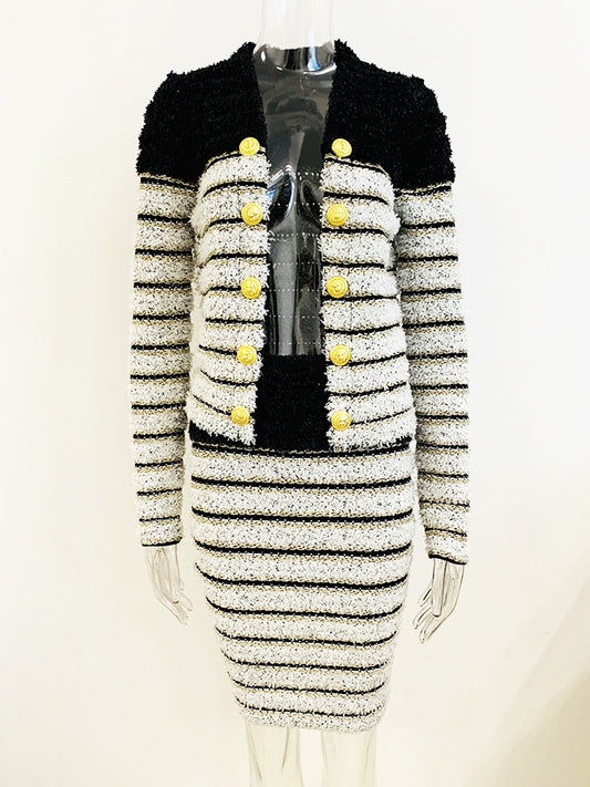 winter knitted coat Autumn Winter  Lion Button Striped Color Cardigan