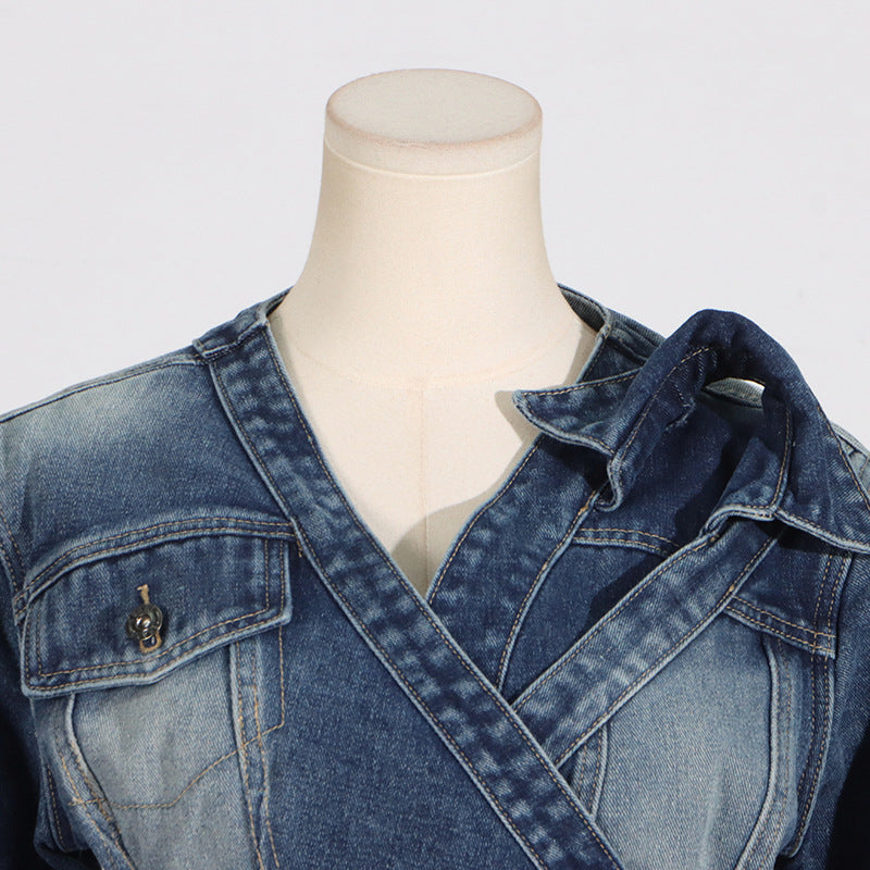 Summer Niche Special V neck Cross Asymmetric Lace up  Short Denim Coat