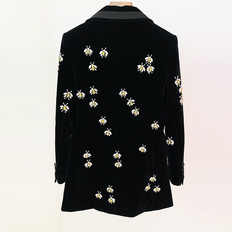 Autumn Winter Star Slim Bee Exquisite Rhinestone Beaded Velvet Blazer