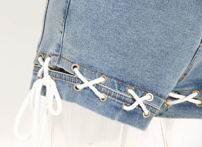 Denim Shorts Summer Waist Hollow Out Cutout Hem Braid Rope Loose pant