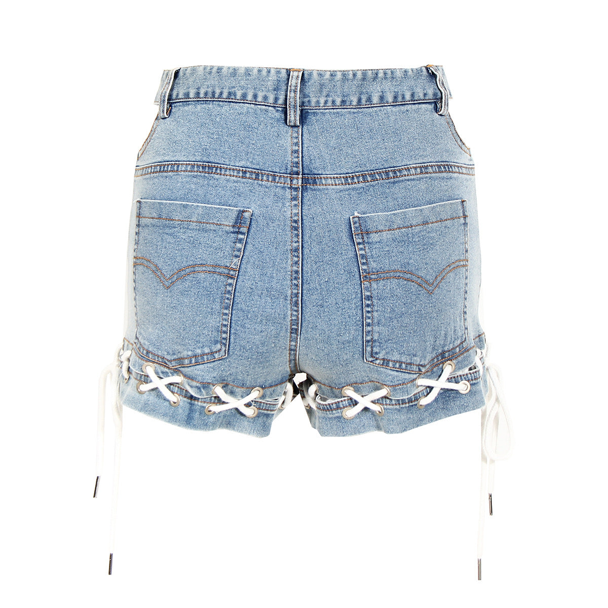 Denim Shorts Summer Waist Hollow Out Cutout Hem Braid Rope Loose pant