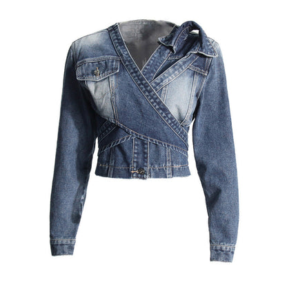 Summer Niche Special V neck Cross Asymmetric Lace up  Short Denim Coat