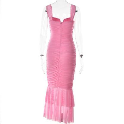 Spring Summer Suspender Stitching Dress Fashionable Sexy Tight Pleated Fishtail Dress