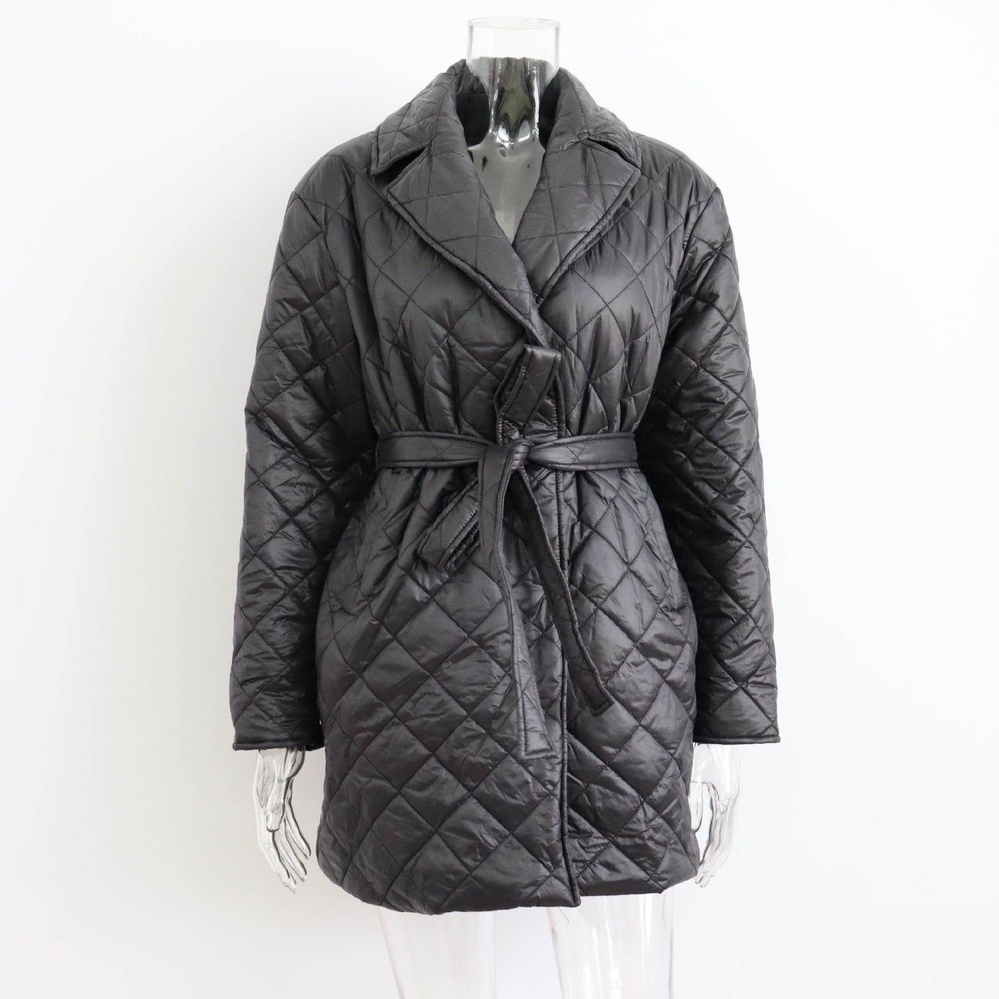 Rhombus Cotton Padded Mid-Length Collared Autumn Winter Street Women Coat Waist-Controlled Pocket Cotton Padded Coat