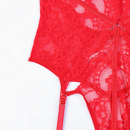 Red Lace Women Clothing Plunge Metal Chain Hollow Cutout Sexy Bustier.