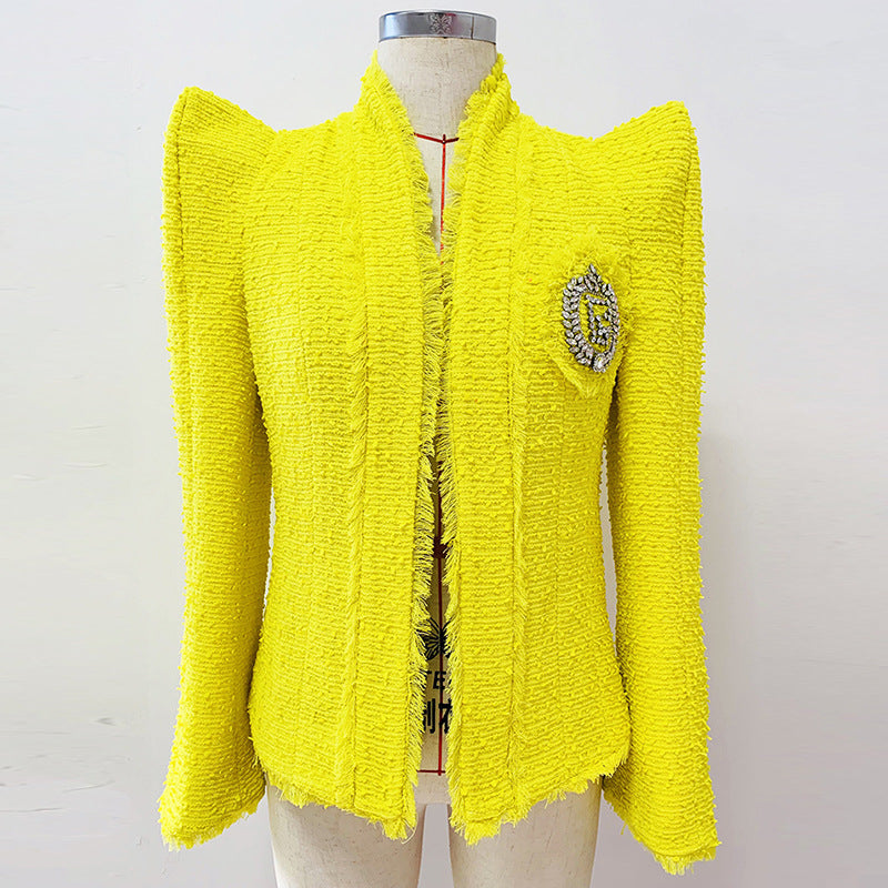 Autumn Winter Cool Shrug Beaded Logo Fringe Tweed Jacket Coat