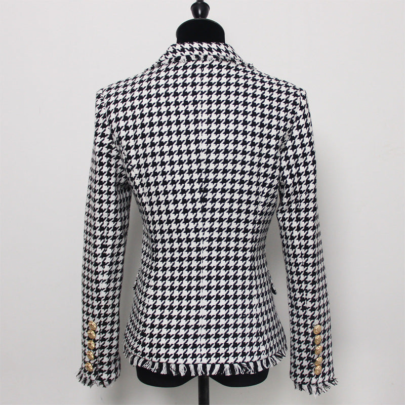 Spring Autumn Classic Houndstooth Tweed Tassel Women Business Blazer Suit Set Woolen Jacket