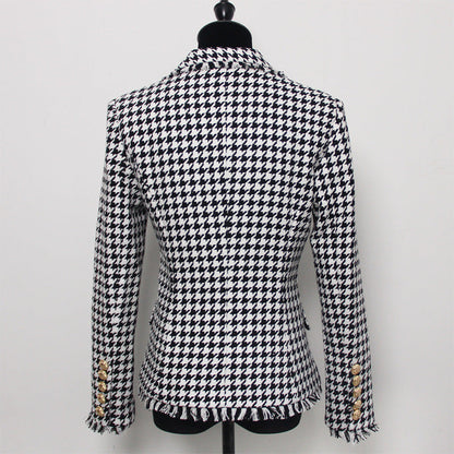 Spring Autumn Classic Houndstooth Tweed Tassel Women Business Blazer Suit Set Woolen Jacket