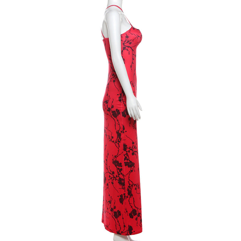 Retro Printed Maxi Dress Elegant Slim Strap Dress Women