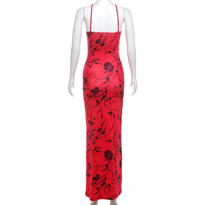 Retro Printed Maxi Dress Elegant Slim Strap Dress Women