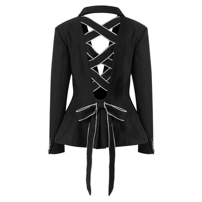 Woman coat Minority Spring Back Cross Cutout high Waist Tight Blazers.