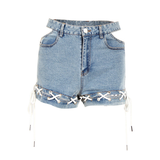 Denim Shorts Summer Waist Hollow Out Cutout Hem Braid Rope Loose pant