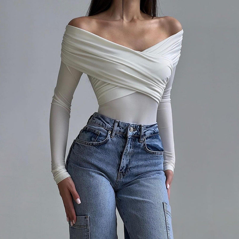 Off Shoulder Arrival Sexy V neck Stitching Long Sleeve Solid Color Top