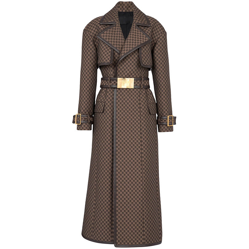 Autumn Winter Star Belt Jacquard Maze Pattern Long Trench Coat