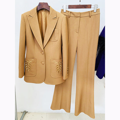 Embroidery Blazer Socialite Graceful Bootcut Pants Suit Two Piece Suit