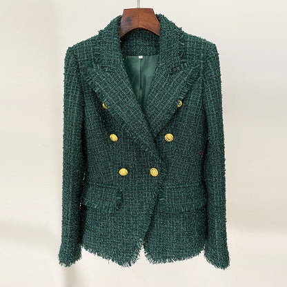 Goods Autumn Winter High End Fabric Tassel Fringe Tweed Slim Fit Blazer Dark Green