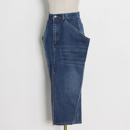 Split Skirt Washed Denim Skirt Exaggerated Large Pocket Split Skirt