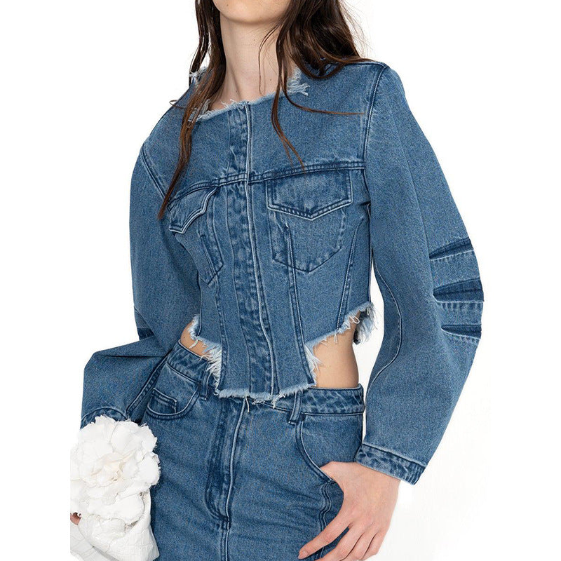 Spring Trendy O neck Short Pocket Stitching Long Sleeve Denim Coat